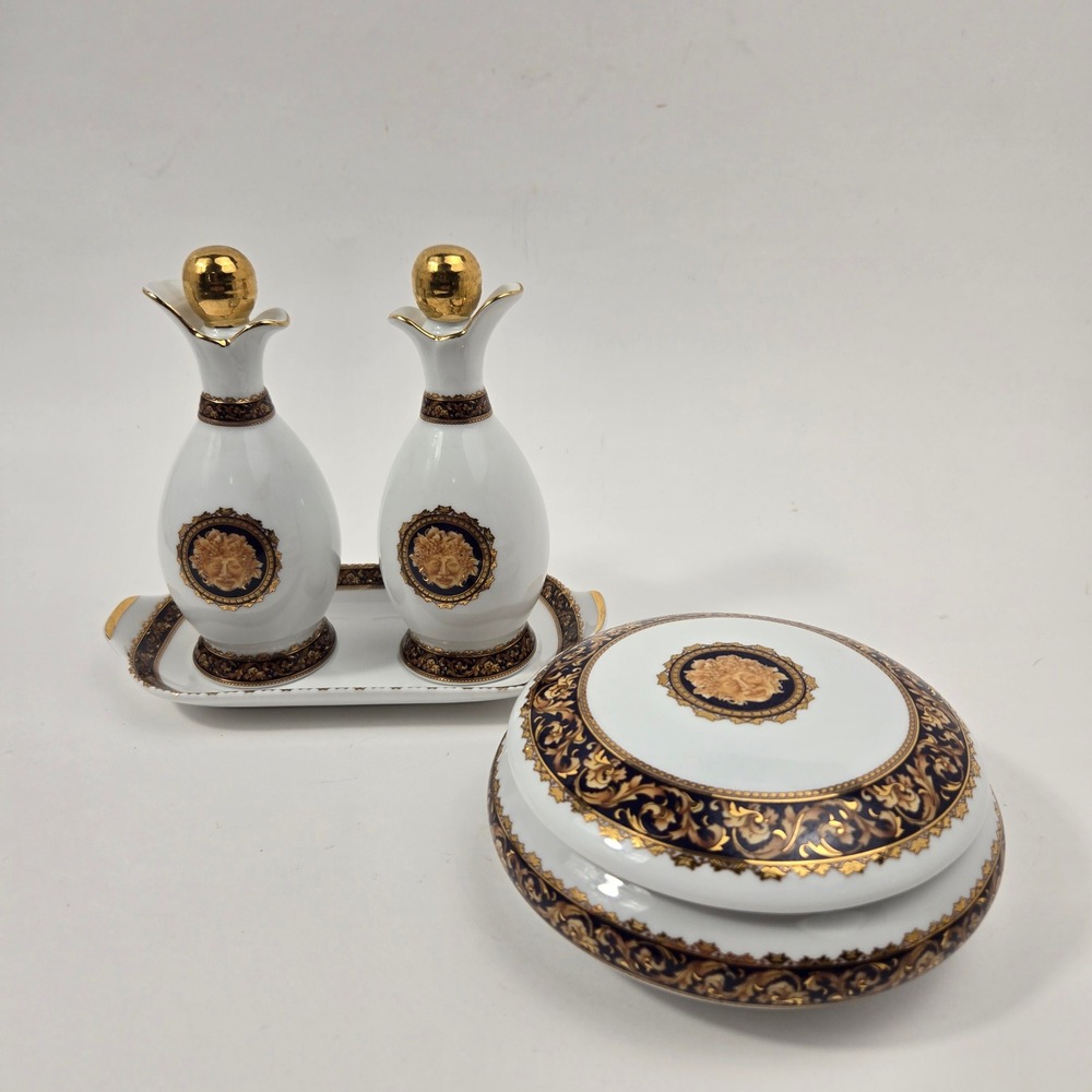 Vintage T Limoges France Bacchus Porcelain Vanity Set Tray Trinket Box